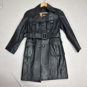 Ching Yick Women XS Safari Genuine Leather‎ Parka Jacket Black Belt Vintage